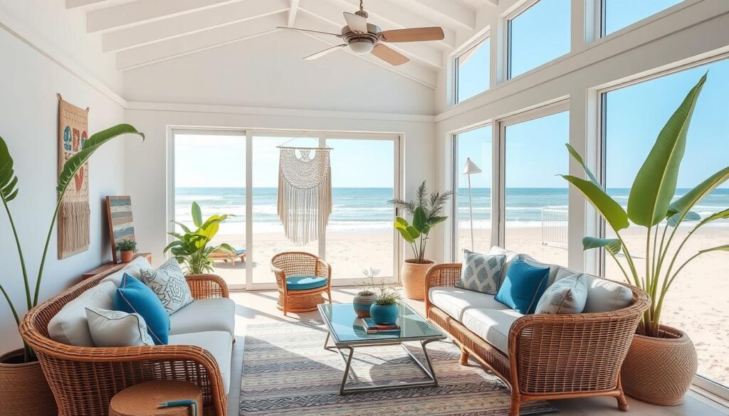 Bohemische Strandhuisstijl woonkamer met uitzicht op zee Bohemische Strandhuisstijl woonkamer met uitzicht op zee