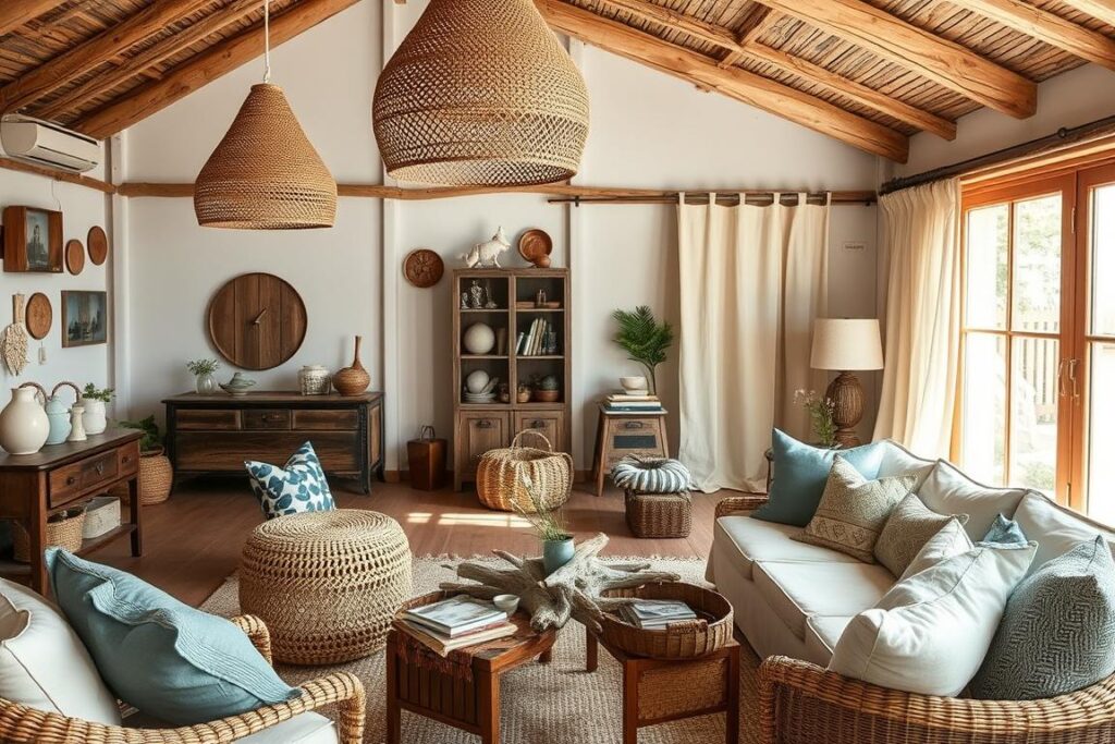 Bohemische strandhuisstijl interieur met natuurlijke materialen en vintage meubels