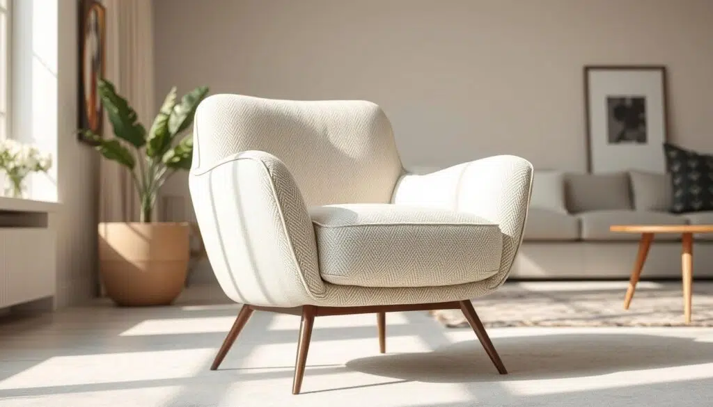Bouclé fauteuil in crème kleur in een modern interieur Bouclé fauteuil in crème kleur in een modern interieur