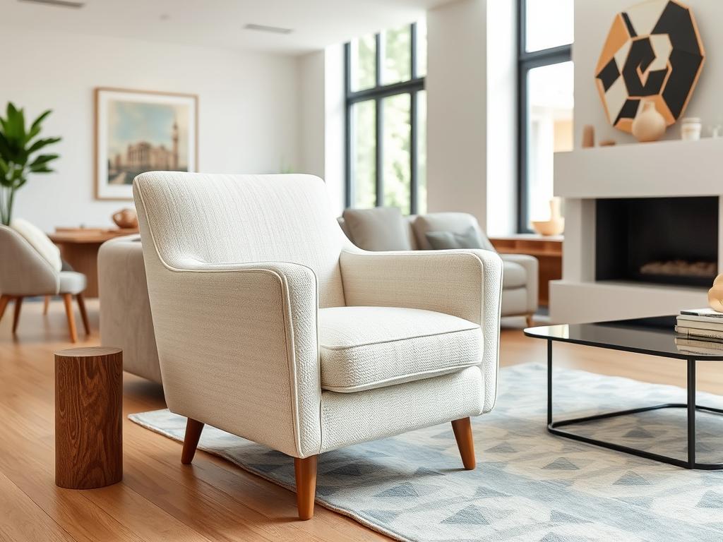 Bouclé fauteuil in een lichte, moderne woonkamer Bouclé fauteuil in een lichte, moderne woonkamer