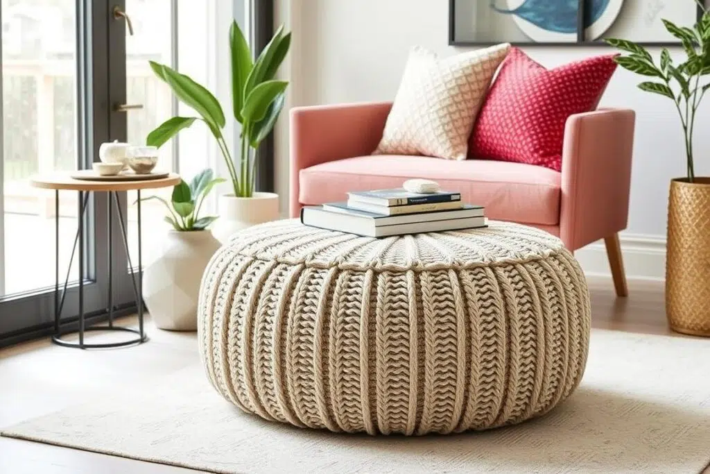 Bouclé poef in een modern interieur Bouclé poef in een modern interieur