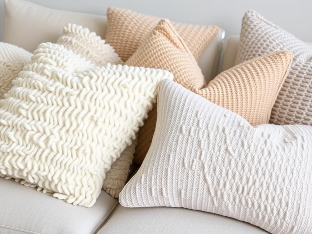 Bouclé sierkussens in verschillende kleuren op een bank Bouclé sierkussens in verschillende kleuren op een bank