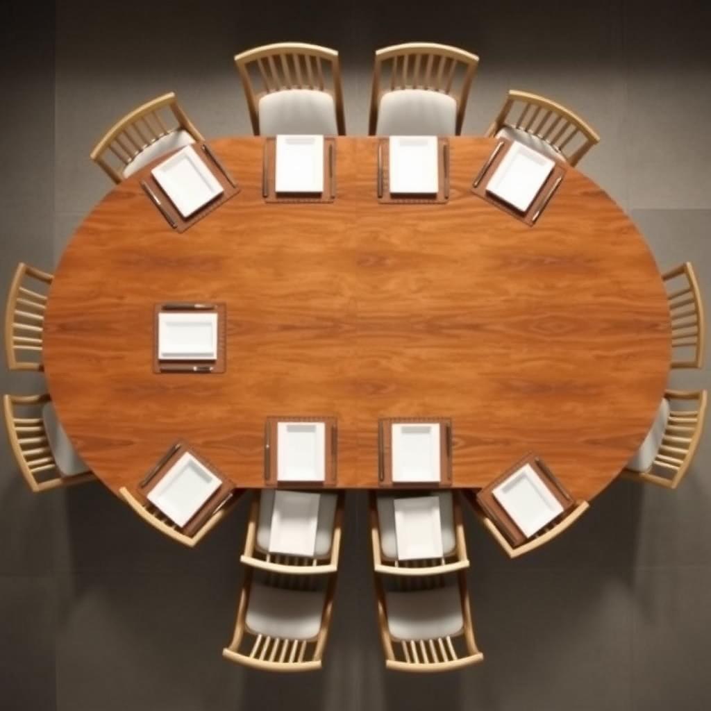 Bovenaanzicht van een Deens ovale eettafel van 260 cm met stoelen Bovenaanzicht van een Deens ovale eettafel van 260 cm met stoelen