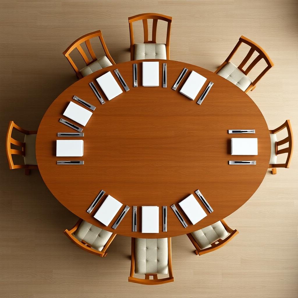 Bovenaanzicht van een ovale eettafel van 260 cm met stoelen Bovenaanzicht van een ovale eettafel van 260 cm met stoelen