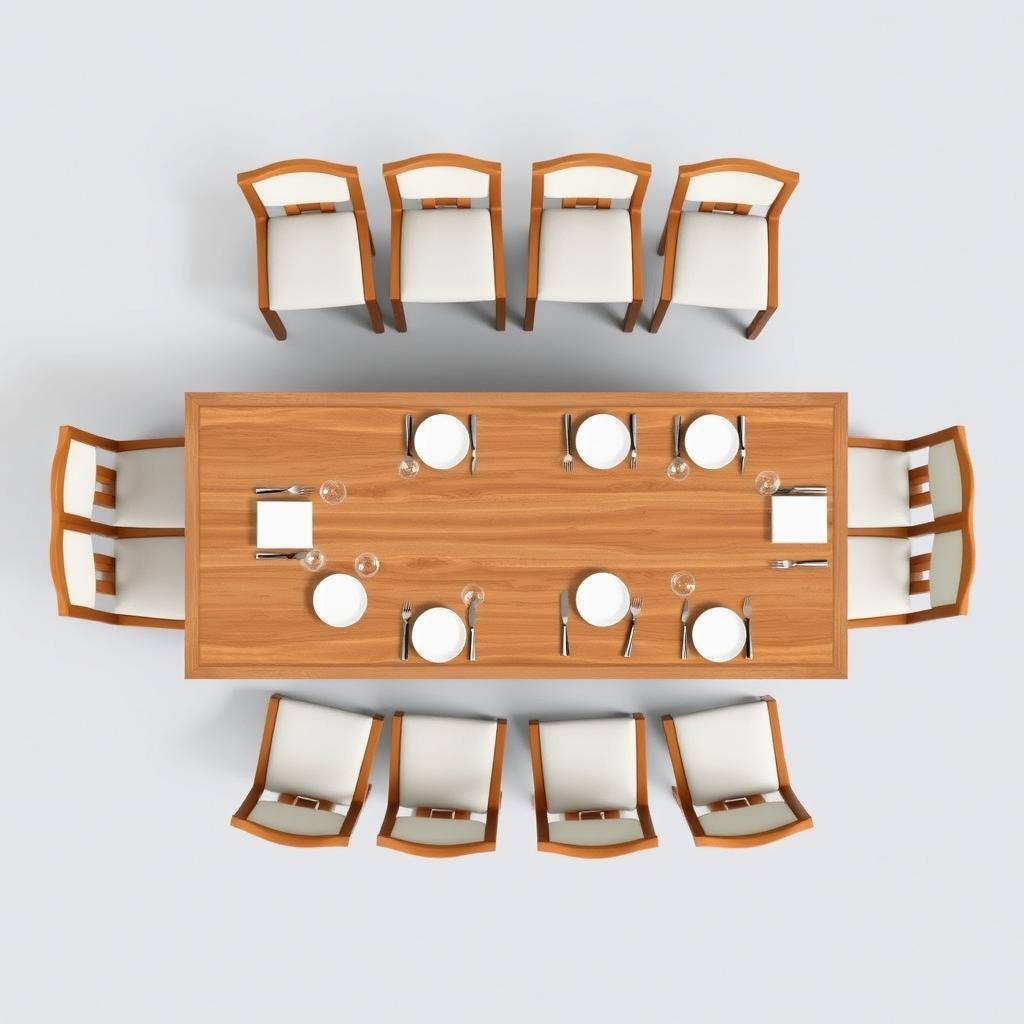 Bovenaanzicht van een rechthoekige eettafel van 260 cm met stoelen Bovenaanzicht van een rechthoekige eettafel van 260 cm met stoelen