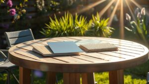 Buitentafel in volle zon met verschillende materialen uitgelicht