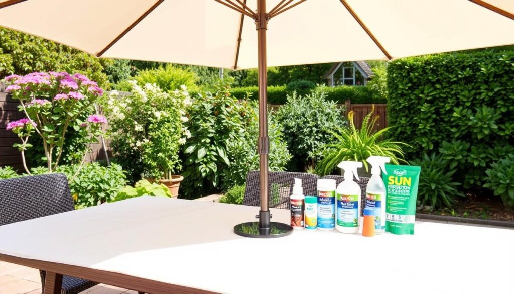 Buitentafel met parasol en beschermende maatregelen Buitentafel met parasol en beschermende maatregelen