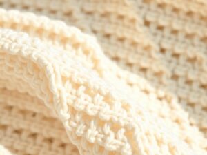 Close-up van een lichte boucle stof die de karakteristieke lussen en textuur toont.