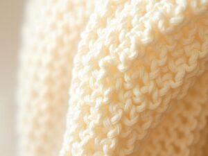 Close-up van een lichte bouclé stof met kenmerkende lussen en textuur in een neutrale kleur.