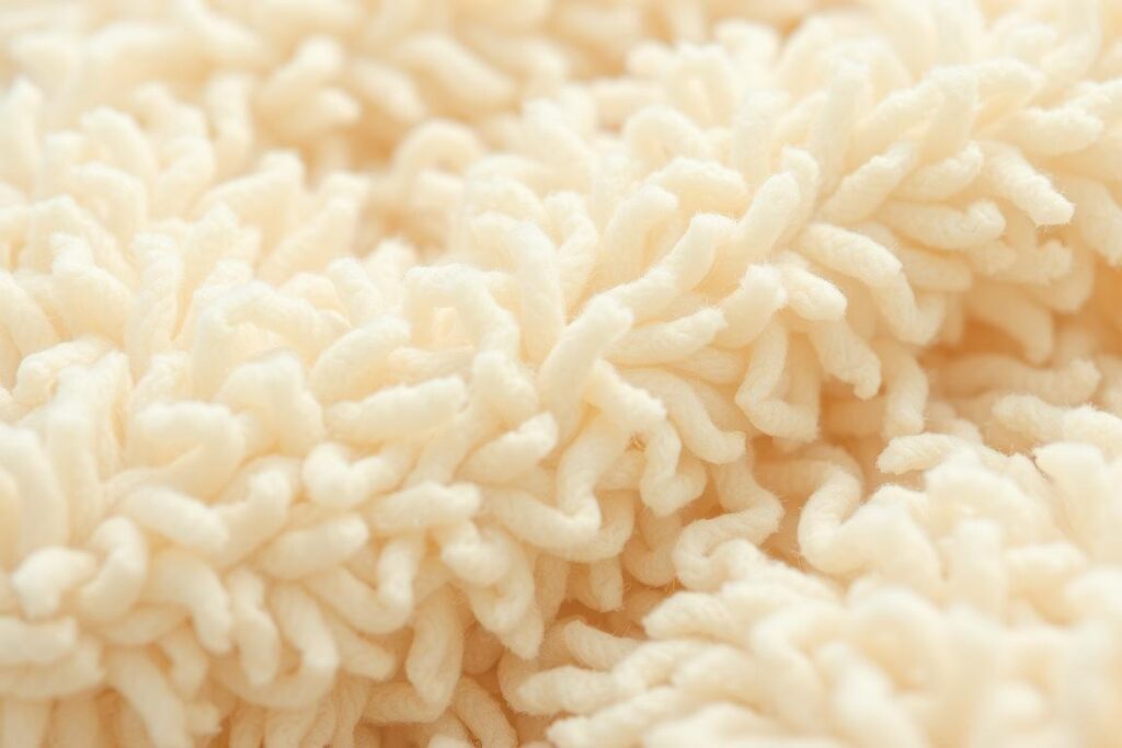 Close-up van de lusjes en textuur van teddy boucle stof Close-up van de lusjes en textuur van teddy boucle stof