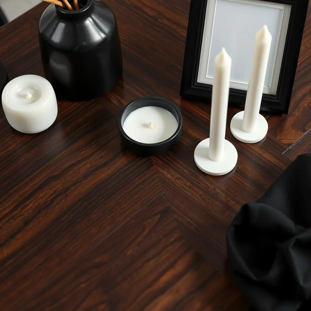 Close-up van donkerbruine houten tafel met zwarte en witte decoratie-elementen Close-up van donkerbruine houten tafel met zwarte en witte decoratie-elementen