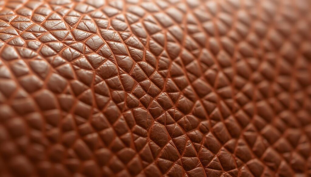 Close-up van echt leer met natuurlijke onregelmatigheden en textuur