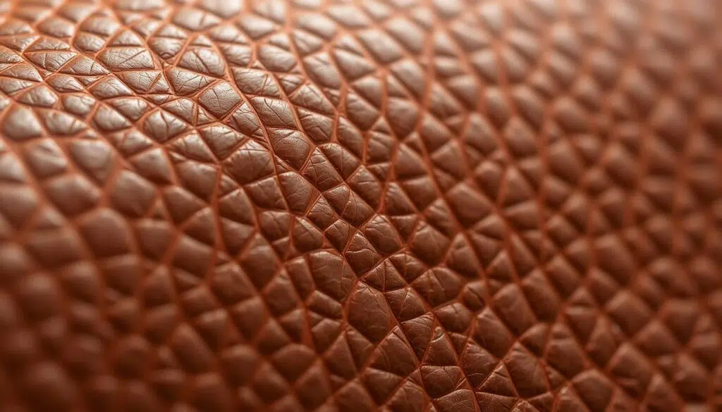Close-up van echt leer met natuurlijke onregelmatigheden en textuur