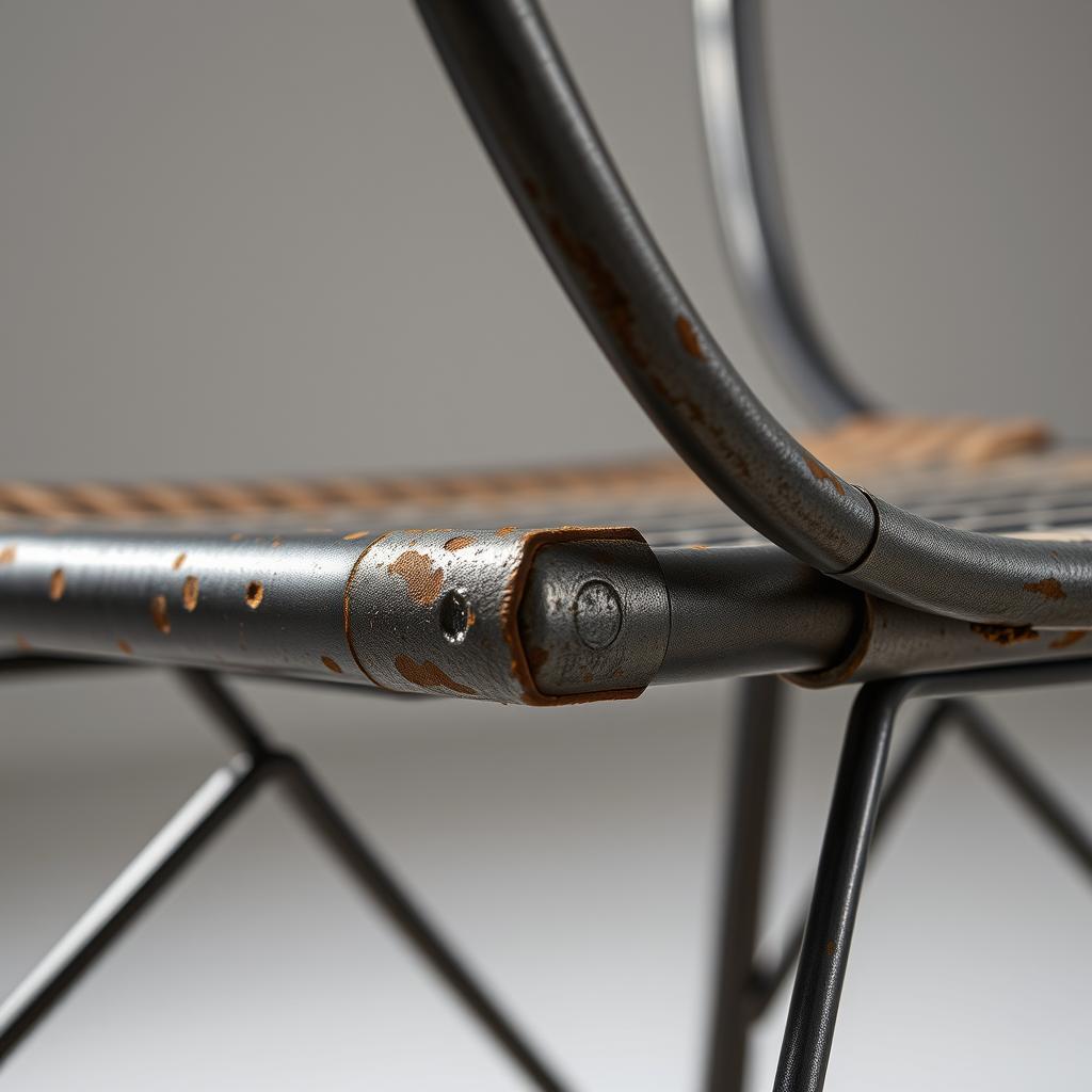 Close-up van een industriële stoel met details van metalen frame en verbindingen Close-up van een industriële stoel met details van metalen frame en verbindingen