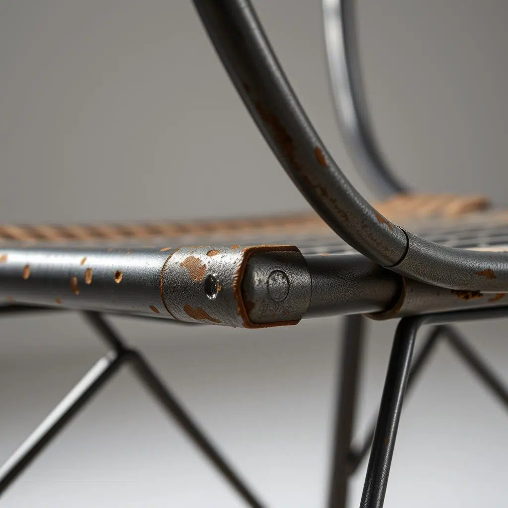 Close-up van een industriële stoel met details van metalen frame en verbindingen Close-up van een industriële stoel met details van metalen frame en verbindingen