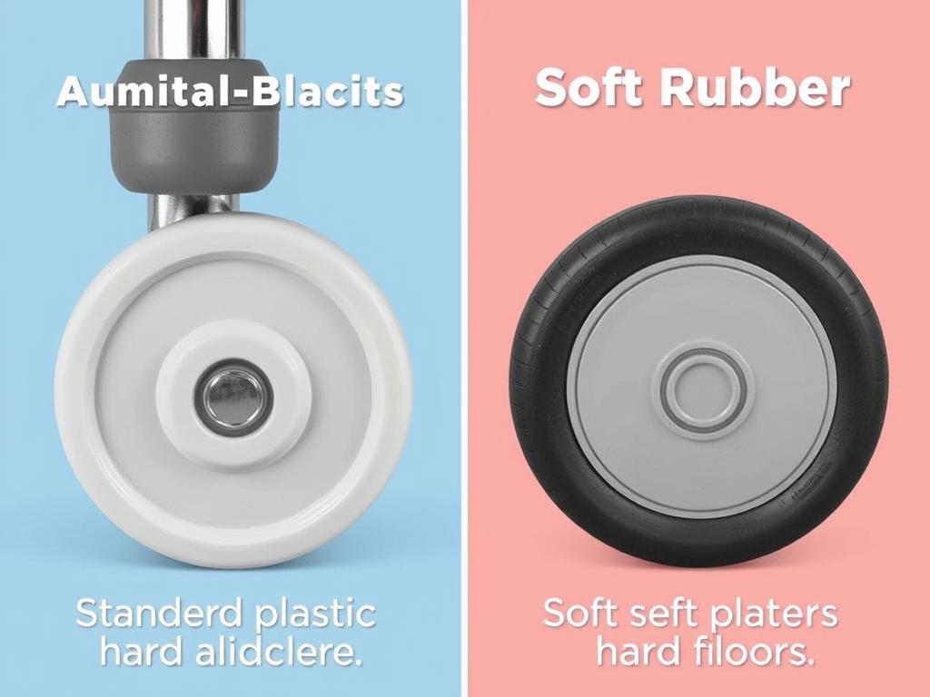 Close-up van een standaard hard plastic stoelwieltje naast een zachter rubber wieltje