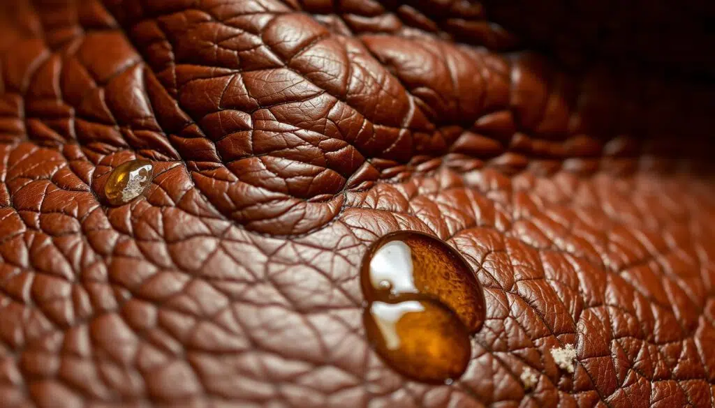 Close-up van leer dat te veel Vaseline heeft gekregen, met zichtbare vetvlekken en een glanzend oppervlak Close-up van leer dat te veel Vaseline heeft gekregen, met zichtbare vetvlekken en een glanzend oppervlak