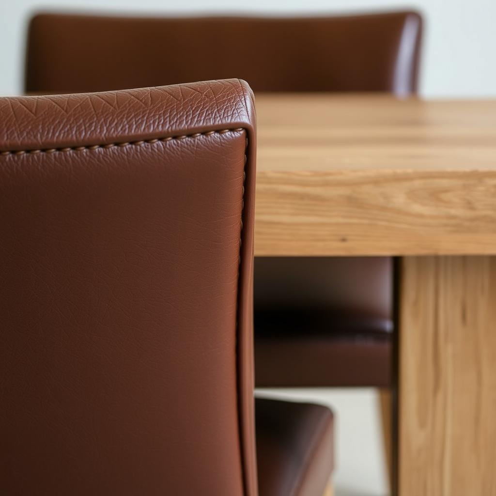 Close-up van leren bekleding bij een eiken tafel Close-up van leren bekleding bij een eiken tafel