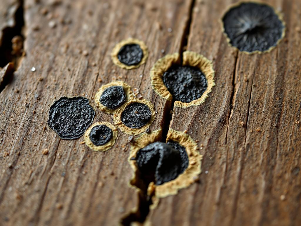 Close-up van schimmelvorming op onbehandeld hout na blootstelling aan regen Close-up van schimmelvorming op onbehandeld hout na blootstelling aan regen