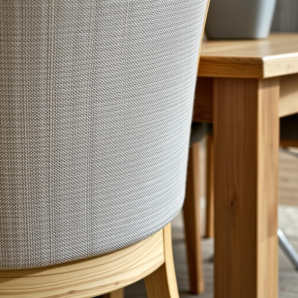 Close-up van stoffen bekleding bij een eiken tafel Close-up van stoffen bekleding bij een eiken tafel