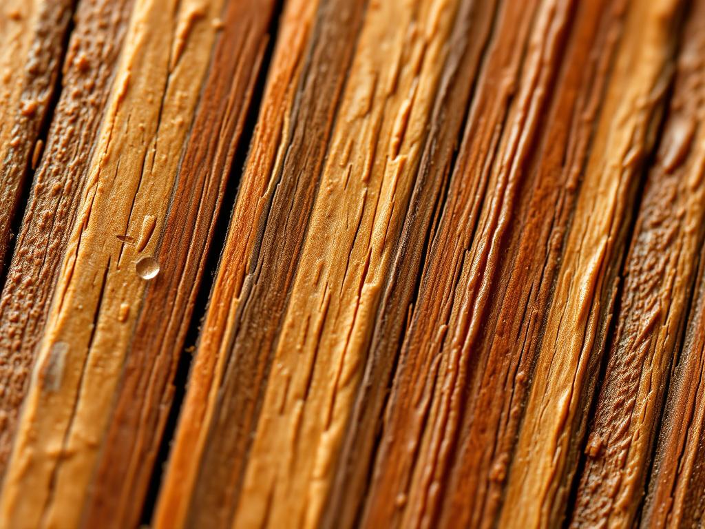 Close-up van teakhout dat natuurlijke oliën toont die bescherming bieden tegen weersinvloeden