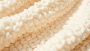 Close-up van teddy boucle stof met karakteristieke lussen en zachte textuur in een lichte kleur.