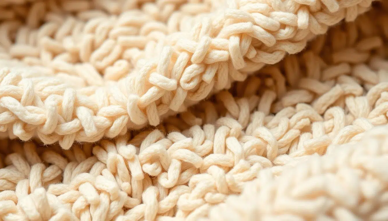 Close-up van teddy boucle stof in beige kleur die de karakteristieke lussen en textuur toont