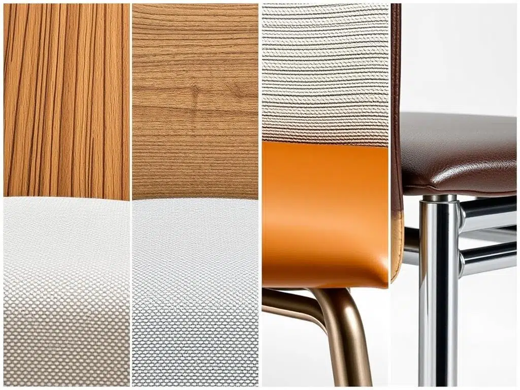 Close-up van verschillende materialen voor eetkamerstoelen: hout, stof, leer en metaal