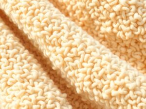 Close-up van beige teddystof met een karakteristieke textuur en structuur.