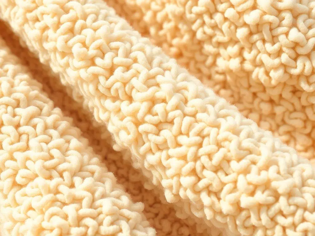 Close-up van zachte beige teddystof die de karakteristieke textuur en structuur toont, stof lijkt op teddy