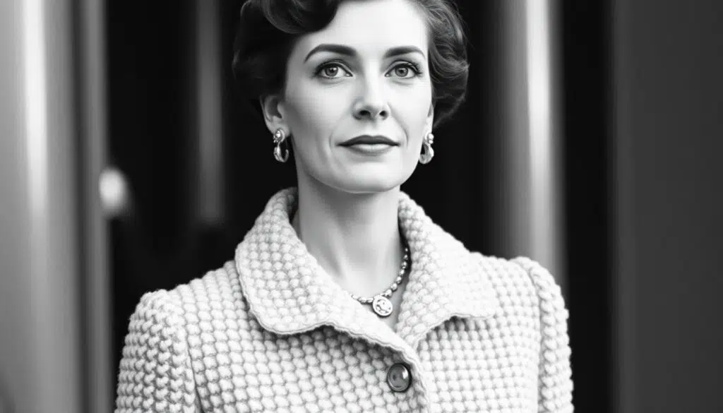 Coco Chanel in een klassiek bouclé jasje uit de jaren '50