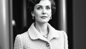 Zwart-wit afbeelding van een vrouw in een klassiek boucle jasje met een ketting en oorbellen.