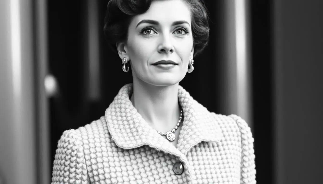Coco Chanel in een klassiek bouclé jasje uit de jaren '50