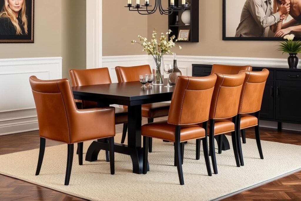 Cognac leren stoelen bij een zwarte tafel voor een warme, stoere uitstraling Cognac leren stoelen bij een zwarte tafel voor een warme, stoere uitstraling