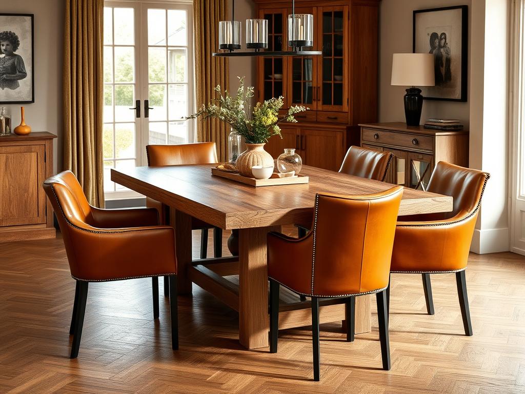 Cognackleurige leren stoelen bij een eikenhouten eettafel Cognackleurige leren stoelen bij een eikenhouten eettafel