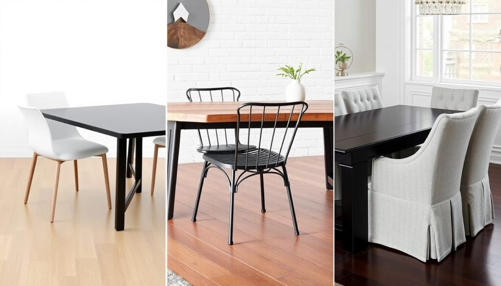 Collage van verschillende stijlvolle stoel-tafel combinaties: modern, industrieel en klassiek Collage van verschillende stijlvolle stoel-tafel combinaties: modern, industrieel en klassiek