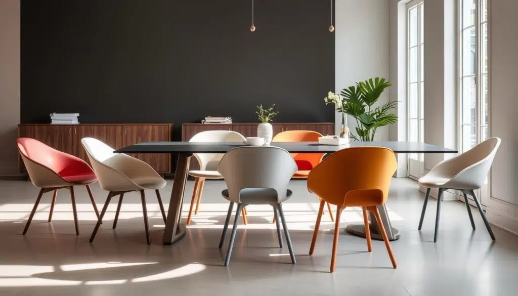 Collectie moderne eetkamerstoel met minimalistische vormen en organische lijnen
