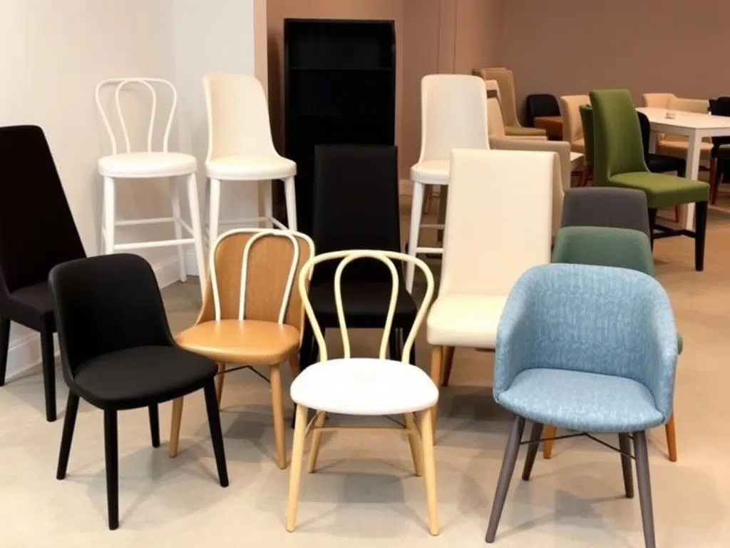 Collectie van verschillende kleur eetkamerstoelen die populaire trends tonen Collectie van verschillende kleur eetkamerstoelen die populaire trends tonen