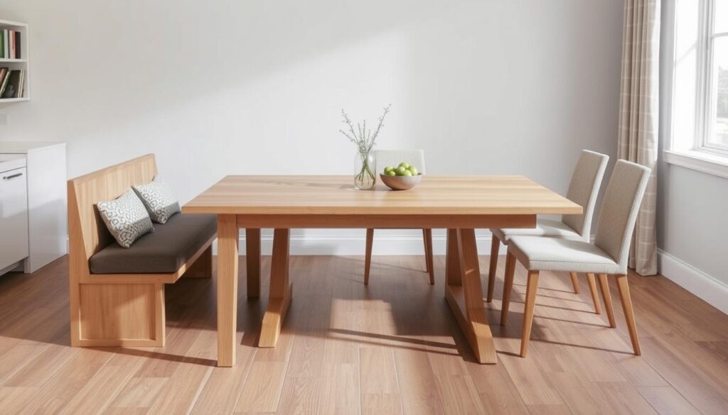 Combinatie van een eetkamerbank en stoelen aan een tafel van 200 cm Combinatie van een eetkamerbank en stoelen aan een tafel van 200 cm