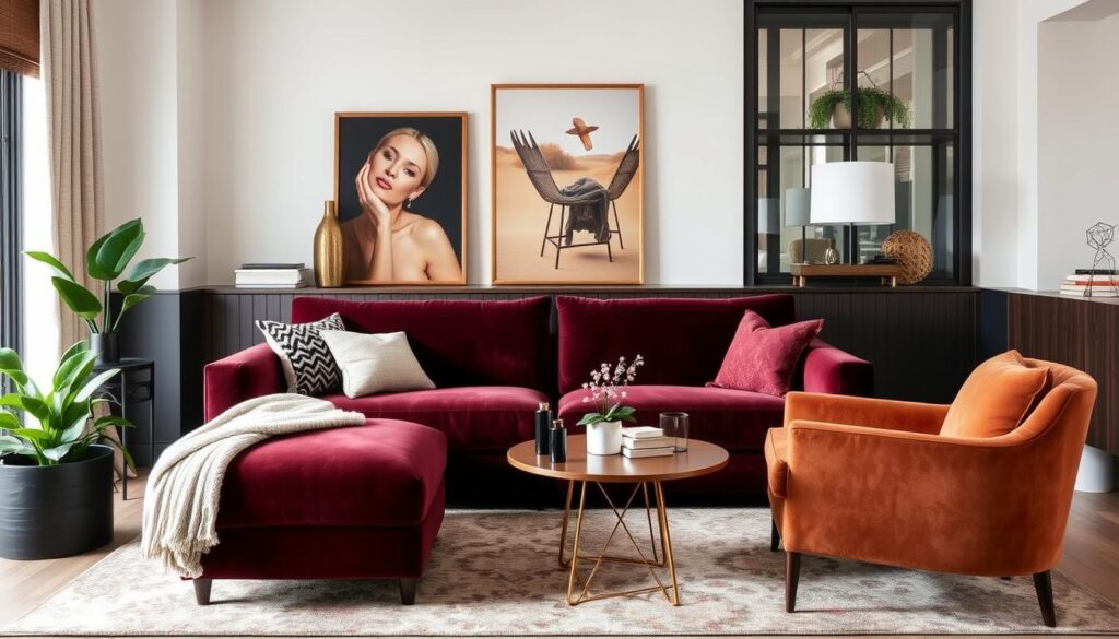 Combinatie van velvet en suède in een modern interieur Combinatie van velvet en suède in een modern interieur