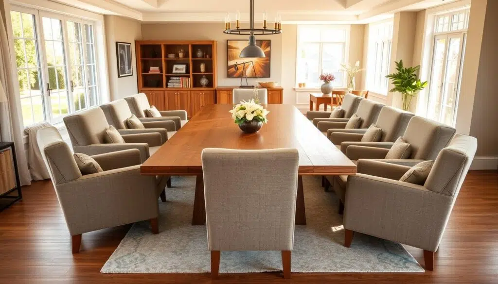 Een lange houten eettafel omringd door comfortabele eetkamerstoelen in een lichte ruimte.