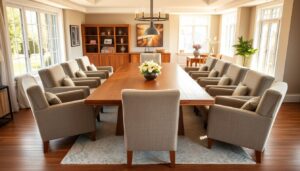 Een lange houten eettafel omringd door comfortabele eetkamerstoelen in een lichte ruimte.