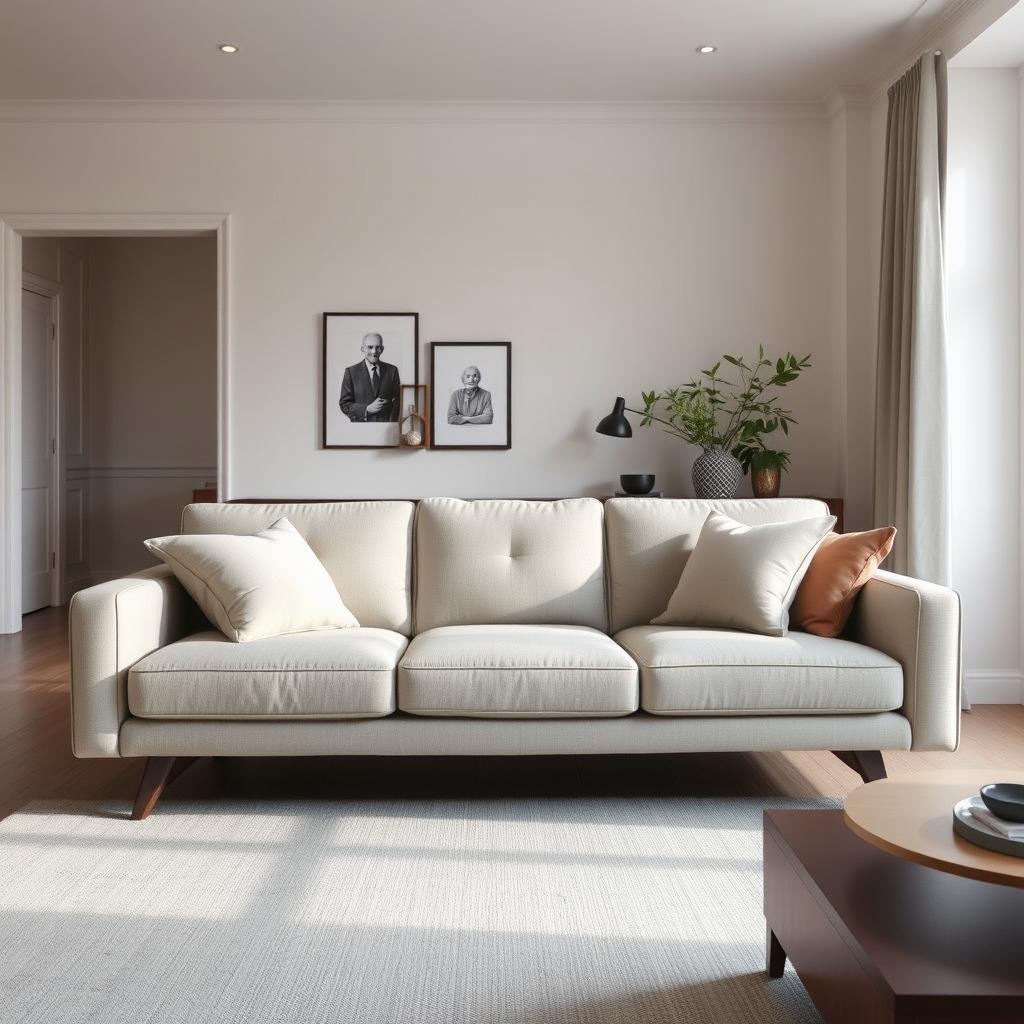 Comfortabele bank met hoge zithoogte in een woonkamer setting Comfortabele bank met hoge zithoogte in een woonkamer setting