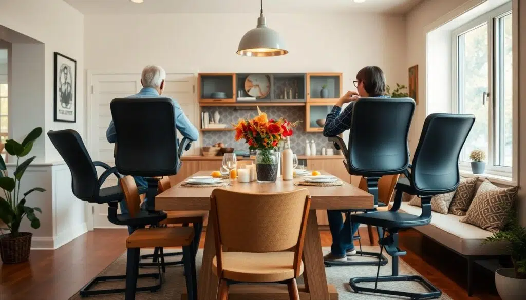 Comfortabele eethoek met verhoogde eetkamerstoelen op de juiste hoogte voor de tafel Comfortabele eethoek met verhoogde eetkamerstoelen op de juiste hoogte voor de tafel