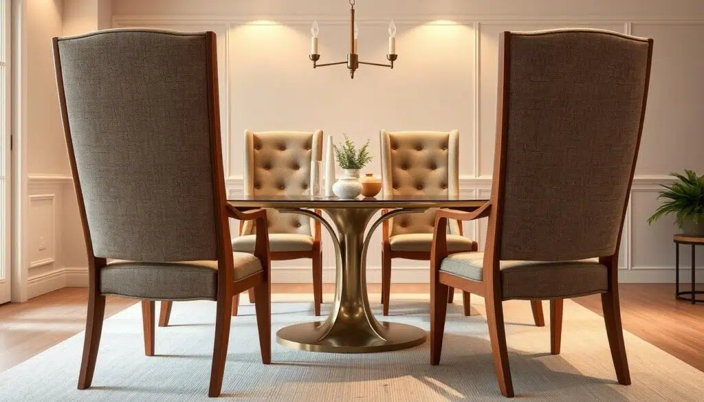 Set van comfortabele eetkamerstoelen met hoge rugleuning en een ronde tafel in een lichte ruimte.