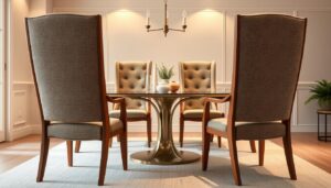 Set van comfortabele eetkamerstoelen met hoge rugleuning en een ronde tafel in een lichte ruimte.