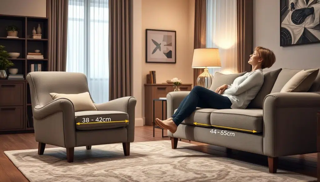 Comfortabele fauteuil en bank met aanduiding van de ideale zithoogte voor ontspanning Comfortabele fauteuil en bank met aanduiding van de ideale zithoogte voor ontspanning