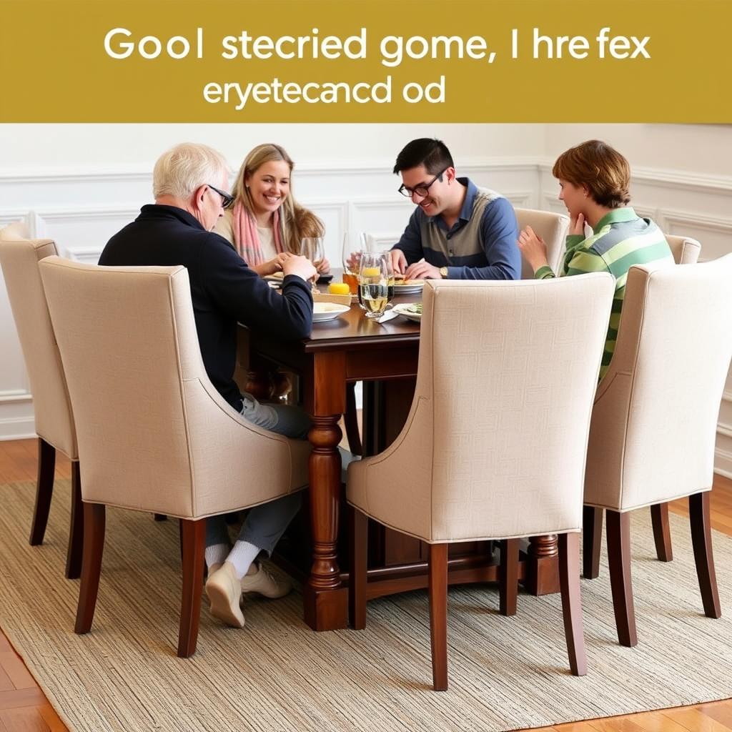 Comfortabele gestoffeerde eetkamerstoel bij een houten eettafel Comfortabele gestoffeerde eetkamerstoel bij een houten eettafel