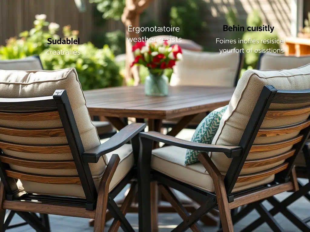 Comfortabele, weerbestendige tuinstoelen rond een houten tafel met zichtbaar ergonomisch design, tuinstoelen bij houten tafel met focus op comfort Comfortabele, weerbestendige tuinstoelen rond een houten tafel met zichtbaar ergonomisch design, tuinstoelen bij houten tafel met focus op comfort