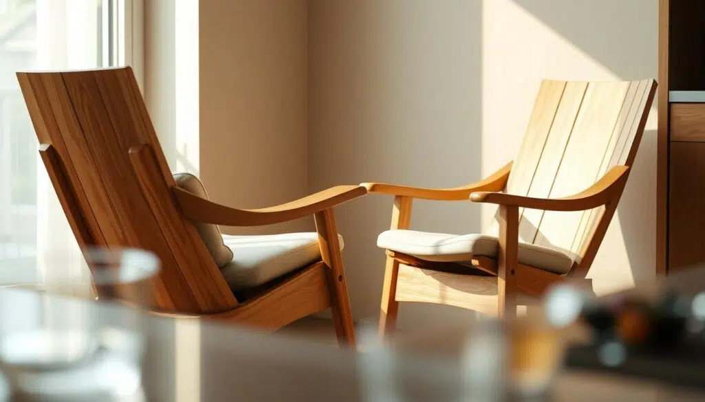 Comfortable Wooden Chairs: A Cozy Sanctuary for Your Kitchen A pair of inviting, ergonomic wooden chairs nestled in a warm, sun-lit kitchen. The chairs' smooth, natural grain and gentle curves exude a sense of comfort and craftsmanship. Soft, diffused lighting casts a gentle glow, creating an atmosphere of relaxation and contentment. The chairs are positioned against a backdrop of subtly textured walls, hinting at the kitchen's modern, minimalist aesthetic. Carefully considered angles and perspectives showcase the chairs' thoughtful design, highlighting their supportive lumbar cushions and gently sloping armrests. This image conveys the perfect blend of form and function, promising a comfortable and enjoyable seating experience in the heart of the home.